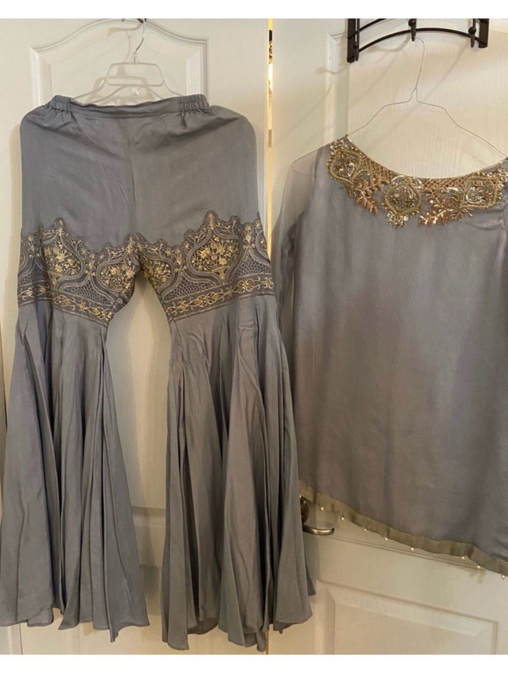 Pakistani Indian Embroidered Three-Piece Set in Dusty Grey with Gold Accents